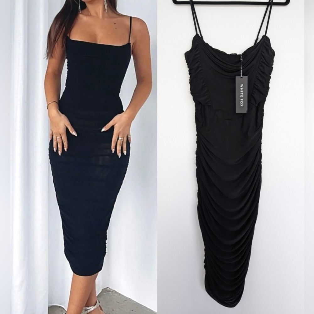 White Fox Boutique NWT Ruched Midi Dress LBD with Mesh and lining size L